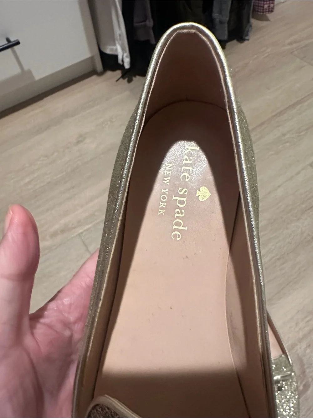 Kate Spade Georgia Metallic Gold Glitter Loafers with Bow Accent - Size 6
